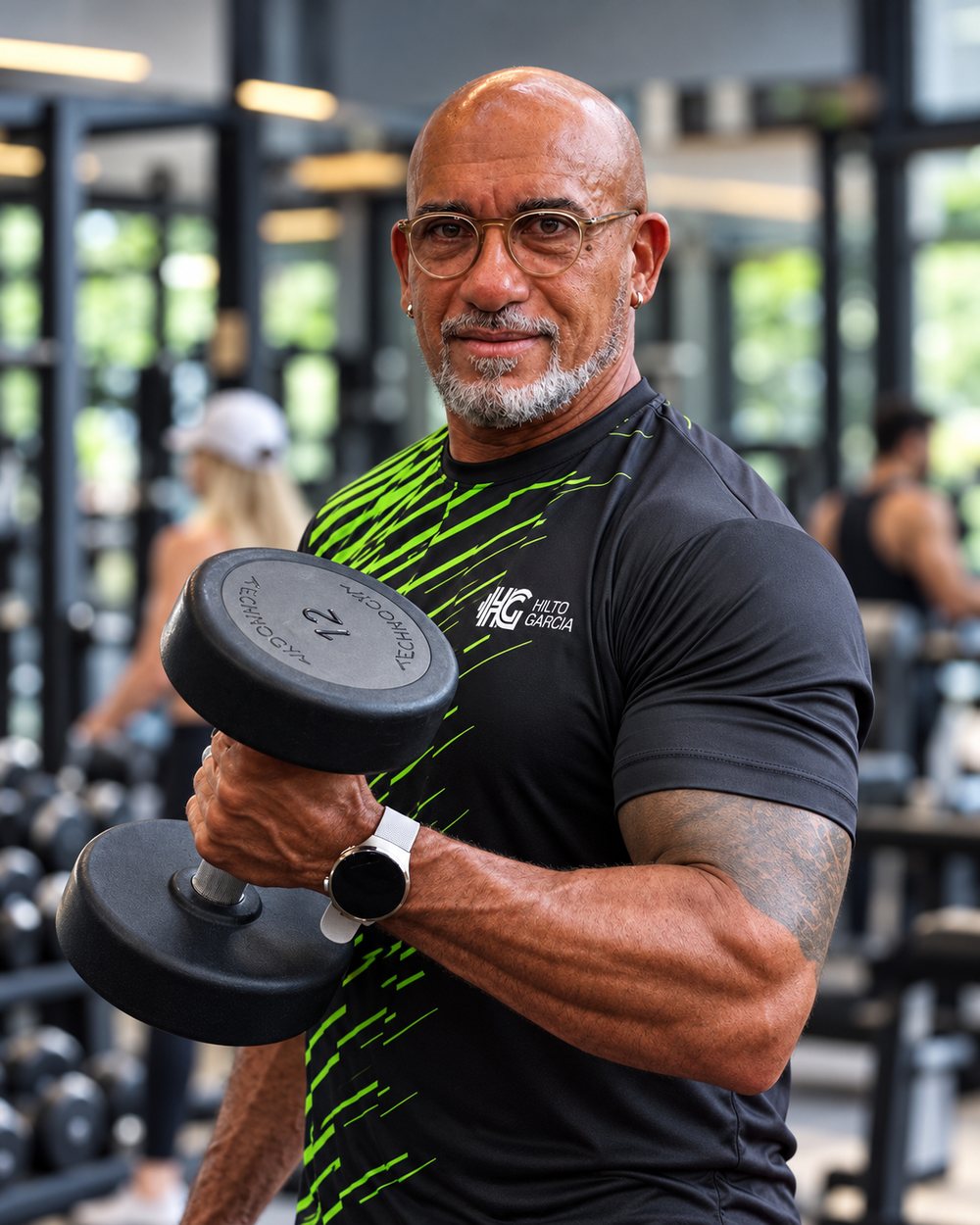 Hilto Garcia sorrindo e segurando halter